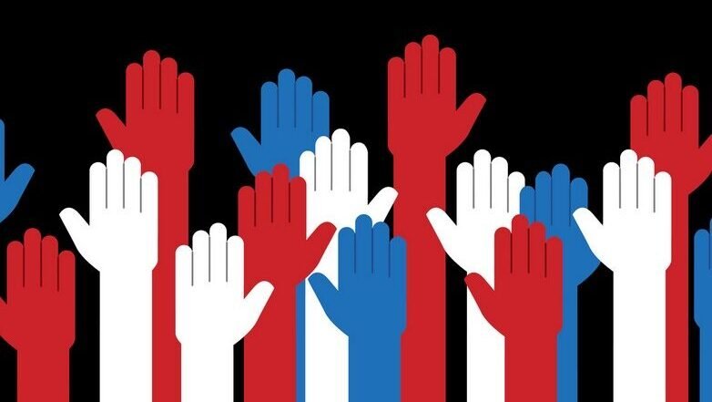 Vector illustration of raised up hands in red white and blue.